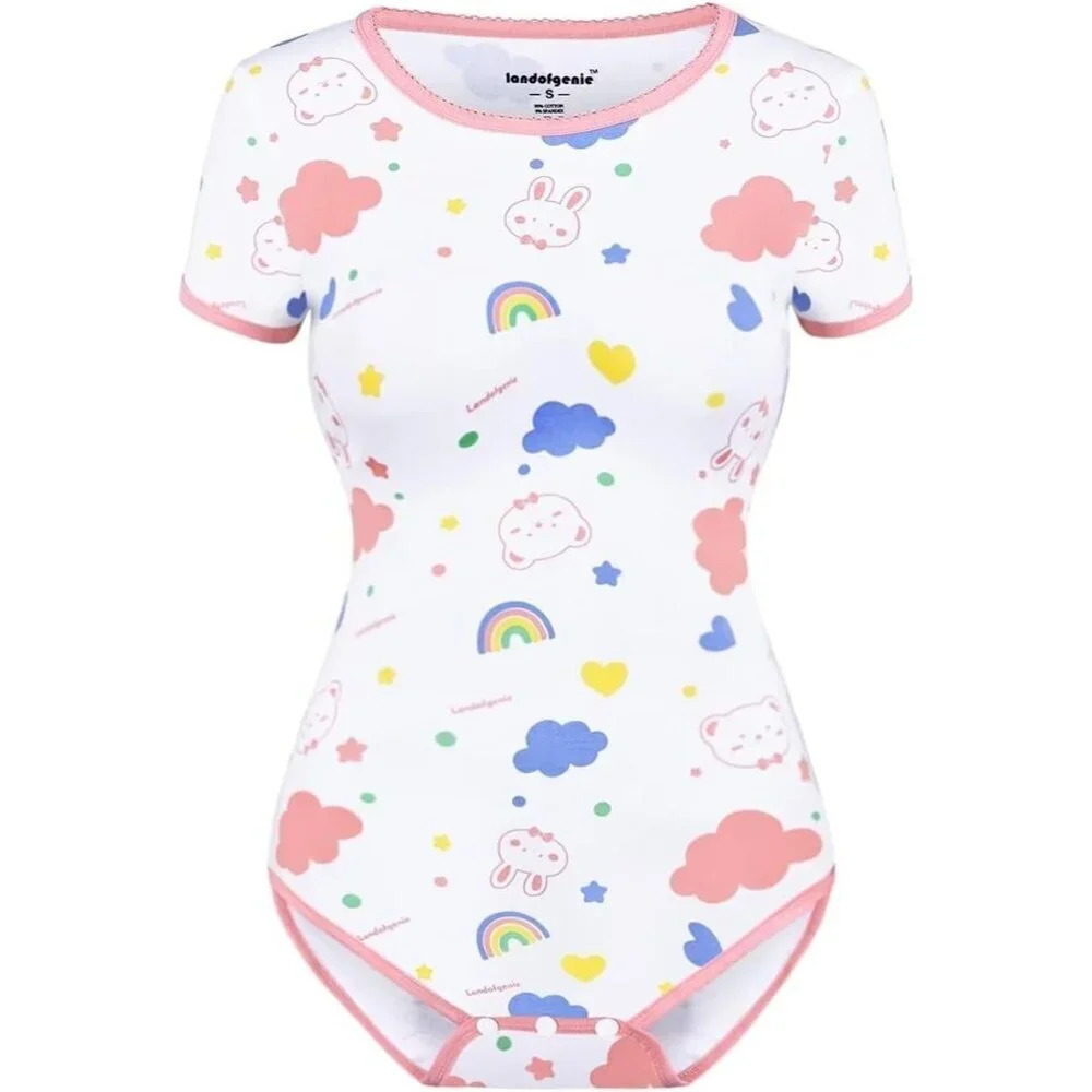Womens Bodysuit Cotton Bodysuit Cute Print Onesie Pajamas Sleepwear Tops - Picture 6 of 7